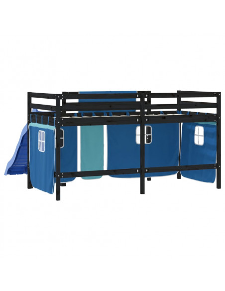 Letto a Soppalco con Tende Bambini Blu 90x200 cm Massello Pino