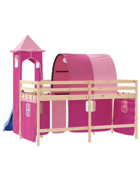 Letto a Soppalco con Torre Bambini Rosa 80x200cm Massello Pino