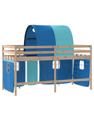 Letto a Soppalco con Tunnel Bambini Blu 80x200cm Massello Pino