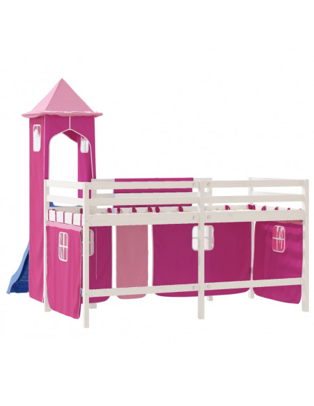 Letto a Soppalco con Torre Bambini Rosa 80x200cm Massello Pino