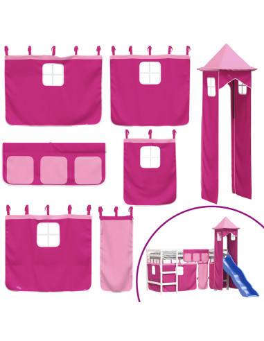 Letto a Soppalco con Torre Bambini Rosa 80x200cm Massello Pino