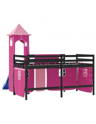 Letto a Soppalco con Torre Bambini Rosa 90x190cm Massello Pino