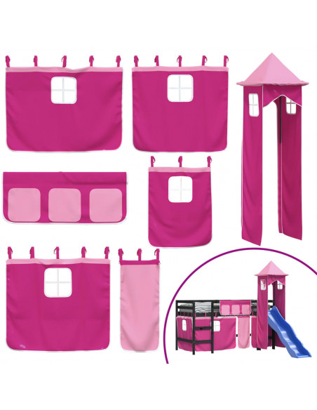 Letto a Soppalco con Torre Bambini Rosa 90x190cm Massello Pino