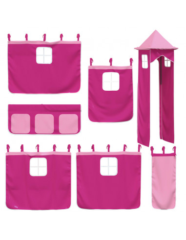 Letto a Soppalco con Torre Bambini Rosa 90x190cm Massello Pino