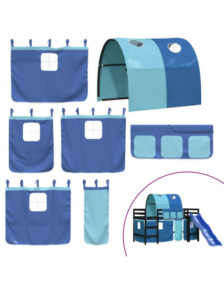 Letto a Soppalco con Tunnel Bambini Blu 80x200cm Massello Pino