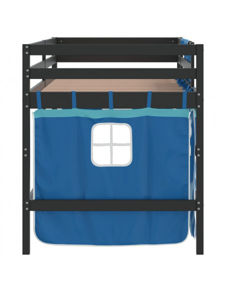 Letto a Soppalco con Tende Bambini Blu 90x200 cm Massello Pino