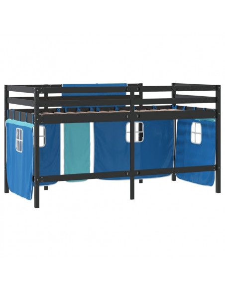 Letto a Soppalco con Tende Bambini Blu 90x200 cm Massello Pino