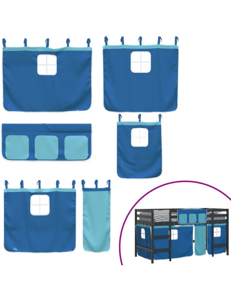 Letto a Soppalco con Tende Bambini Blu 90x200 cm Massello Pino