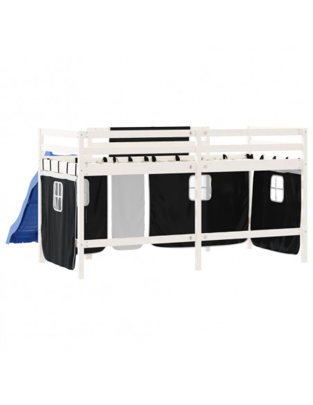 Letto a Soppalco Bambini con Tende Bianco e Nero 90x190 cm Pino