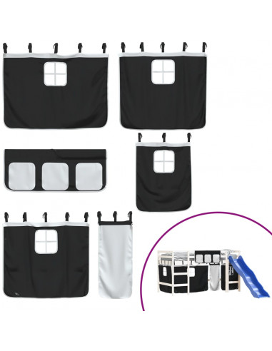 Letto a Soppalco Bambini con Tende Bianco e Nero 90x190 cm Pino