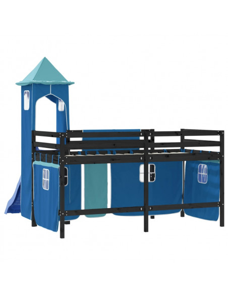 Letto a Soppalco con Torre Bambini Blu 80x200cm Massello Pino
