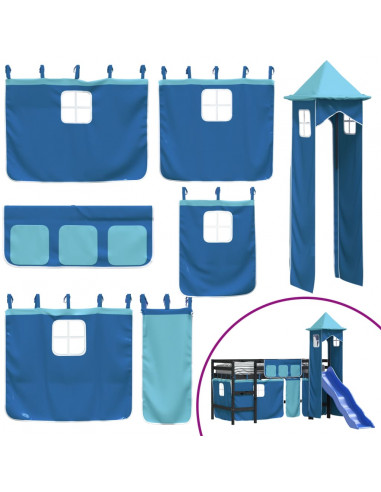 Letto a Soppalco con Torre Bambini Blu 80x200cm Massello Pino