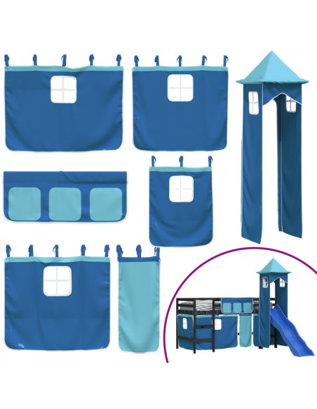 Letto a Soppalco con Torre Bambini Blu 90x200cm Massello Pino