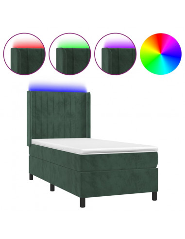 Letto a Molle con Materasso e LED Verde Scuro 100x200cm Velluto