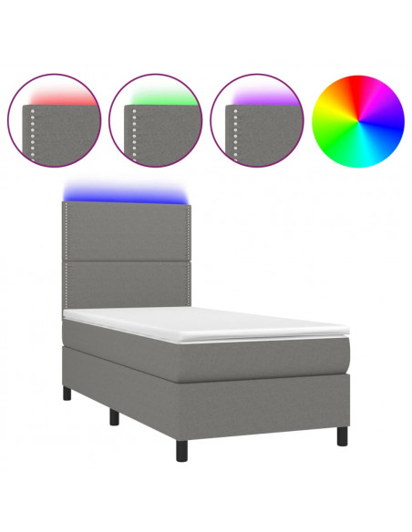 Letto a Molle Materasso e LED Grigio Scuro 80x200 cm in Tessuto