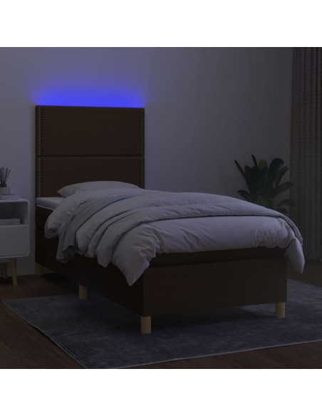 Letto a Molle Materasso e LED Marrone Scuro 90x190cm in Tessuto