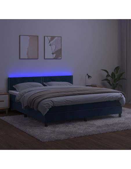 Letto a Molle con Materasso e LED Blu Scuro 160x200 cm