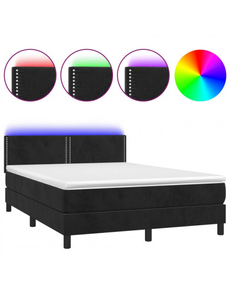 Letto a Molle con Materasso e LED Nero 140x190 cm in Velluto