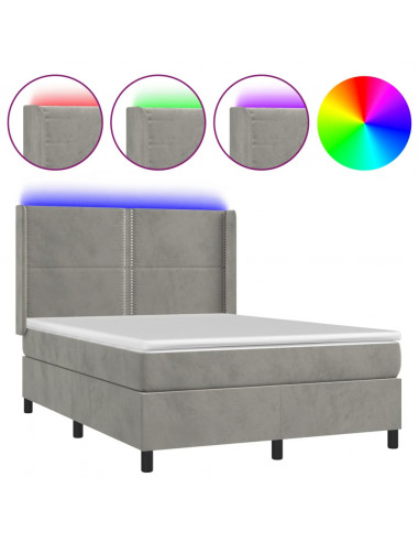 Letto a Molle Materasso e LED Grigio Chiaro 140x190 cm Velluto