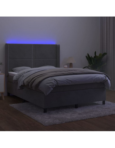 Letto a Molle Materasso e LED Grigio Chiaro 140x190 cm Velluto