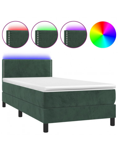 Letto a Molle con Materasso e LED Verde Scuro 90x200cm Velluto