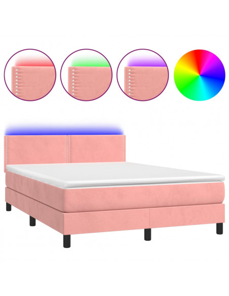 Letto a Molle con Materasso e LED Rosa 140x200 cm in Velluto
