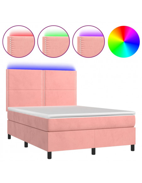 Letto a Molle con Materasso e LED Rosa 140x200 cm in Velluto