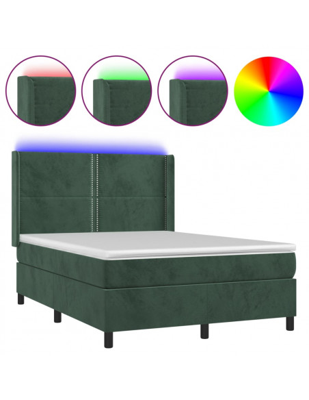 Letto a Molle con Materasso e LED Verde Scuro 140x200cm Velluto
