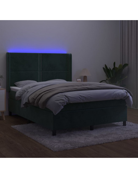 Letto a Molle con Materasso e LED Verde Scuro 140x200cm Velluto
