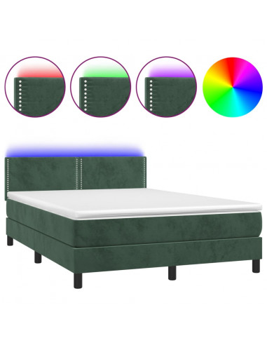 Letto a Molle con Materasso e LED Verde Scuro 140x190cm Velluto