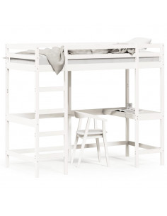 Letto Soppalco con Scrivania Bianco 100x200 cm Massello Pino 2