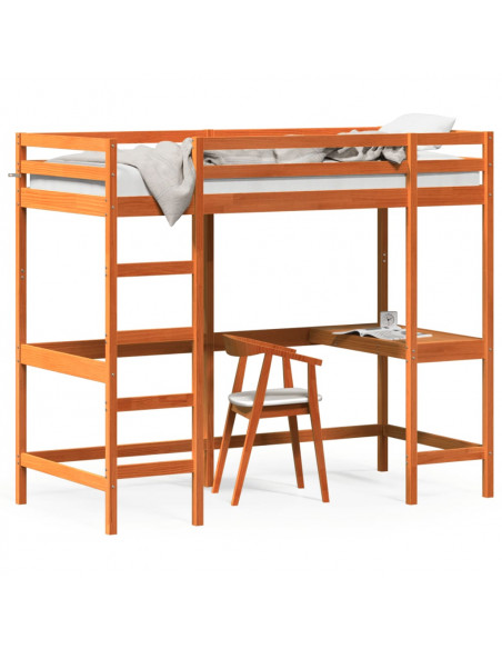 Letto Soppalco con Scrivania Marrone Cera 100x200 cm Legno Pino