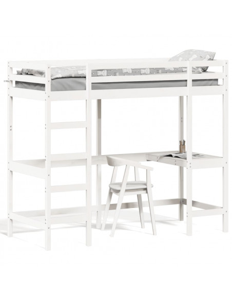 Letto Soppalco con Scrivania Bianco 75x190 cm Massello Pino