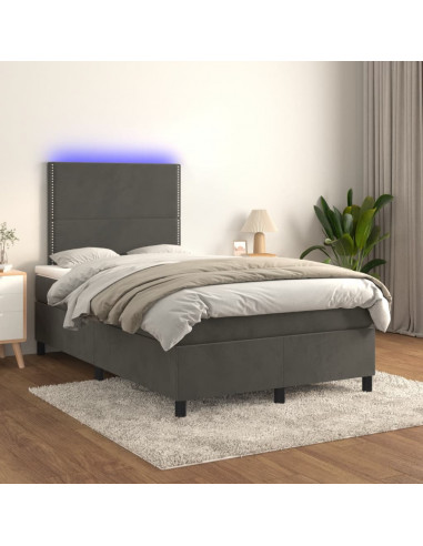 Letto a Molle Materasso e LED Grigio Scuro 120x190cm in Velluto