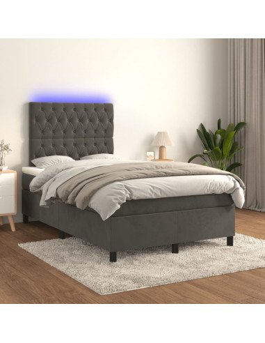 Letto a Molle Materasso e LED Grigio Scuro 120x190cm in Velluto