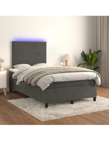 Letto a Molle Materasso e LED Grigio Scuro 120x190cm in Velluto