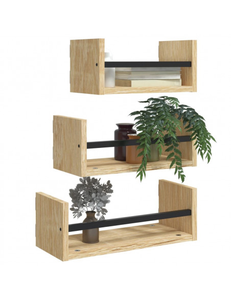 Set Mensole Parete con Aste 3pz Rovere Sonoma Legno Multistrato