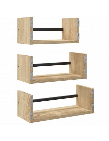 Set Mensole Parete con Aste 3pz Rovere Sonoma Legno Multistrato