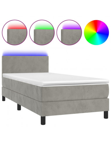 Letto a Molle Materasso e LED Grigio Chiaro 100x200 cm Velluto