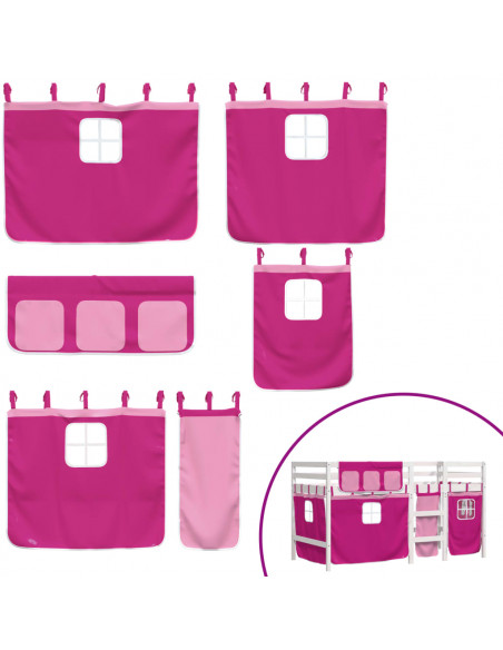 Letto a Soppalco con Tende Bambini Rosa 90x200 cm Massello Pino