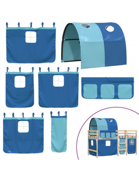 Letto a Soppalco con Tunnel Bambini Blu 80x200cm Massello Pino