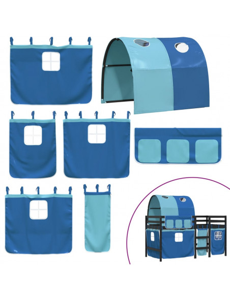Letto a Soppalco con Tunnel Bambini Blu 90x190cm Massello Pino