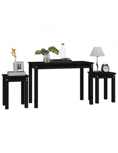 Tavolini a Incastro 3 pz Nero in Legno Massello di Pino