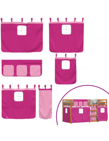 Letto a Castello con Tende Rosa 90x200 cm Legno Massello Pino