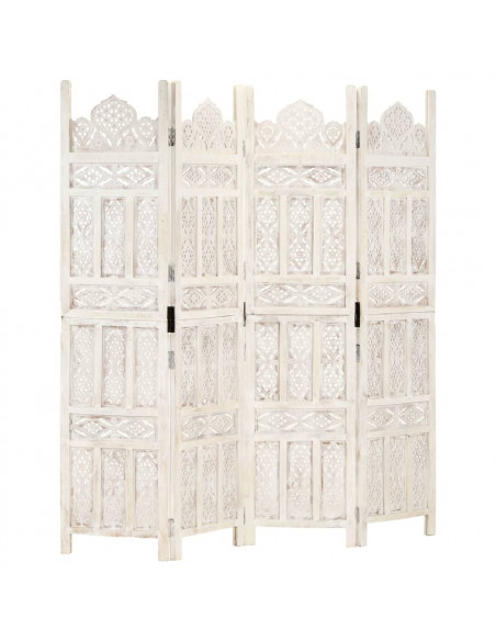 Divisorio 4 Pannelli Intagliato Bianco 160x165cm Mango Massello