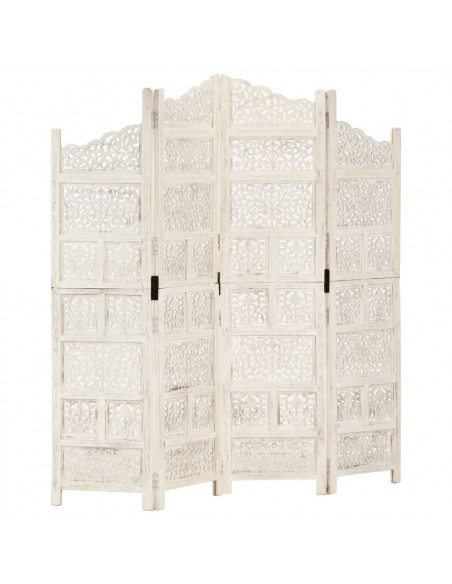 Divisorio 4 Pannelli Intagliato Bianco 160x165cm Mango Massello
