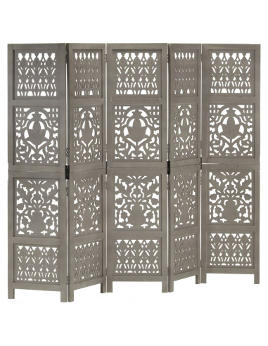 Divisorio 5 Pannelli Intagliato Grigio 200x165cm Mango Massello
