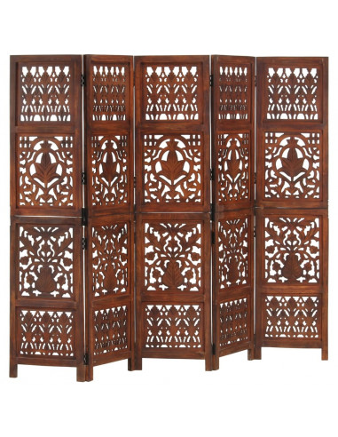 Divisorio 5 Pannelli Intaglio Marrone 200x165 cm Mango Massello