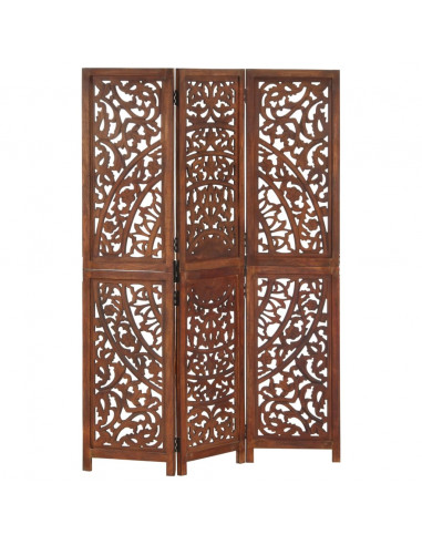 Divisorio 3 Pannelli Intaglio Marrone 120x165 cm Mango Massello