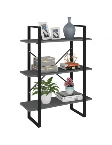 Libreria a 3 Ripiani Grigia 80x30x105 cm in Massello di Pino